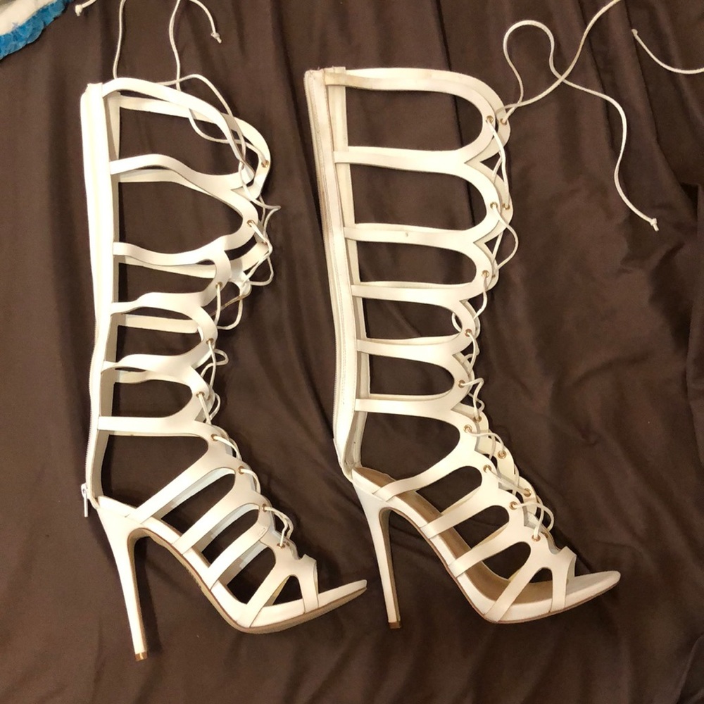 White lace up heels